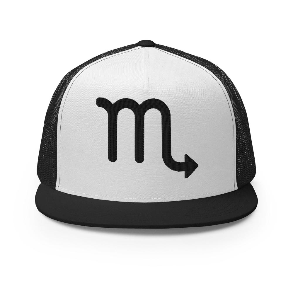 Scorpio Zodiac Embroidered Flat Bill Trucker Hat - Black/White/Black Color - https://ascensionemporium.net